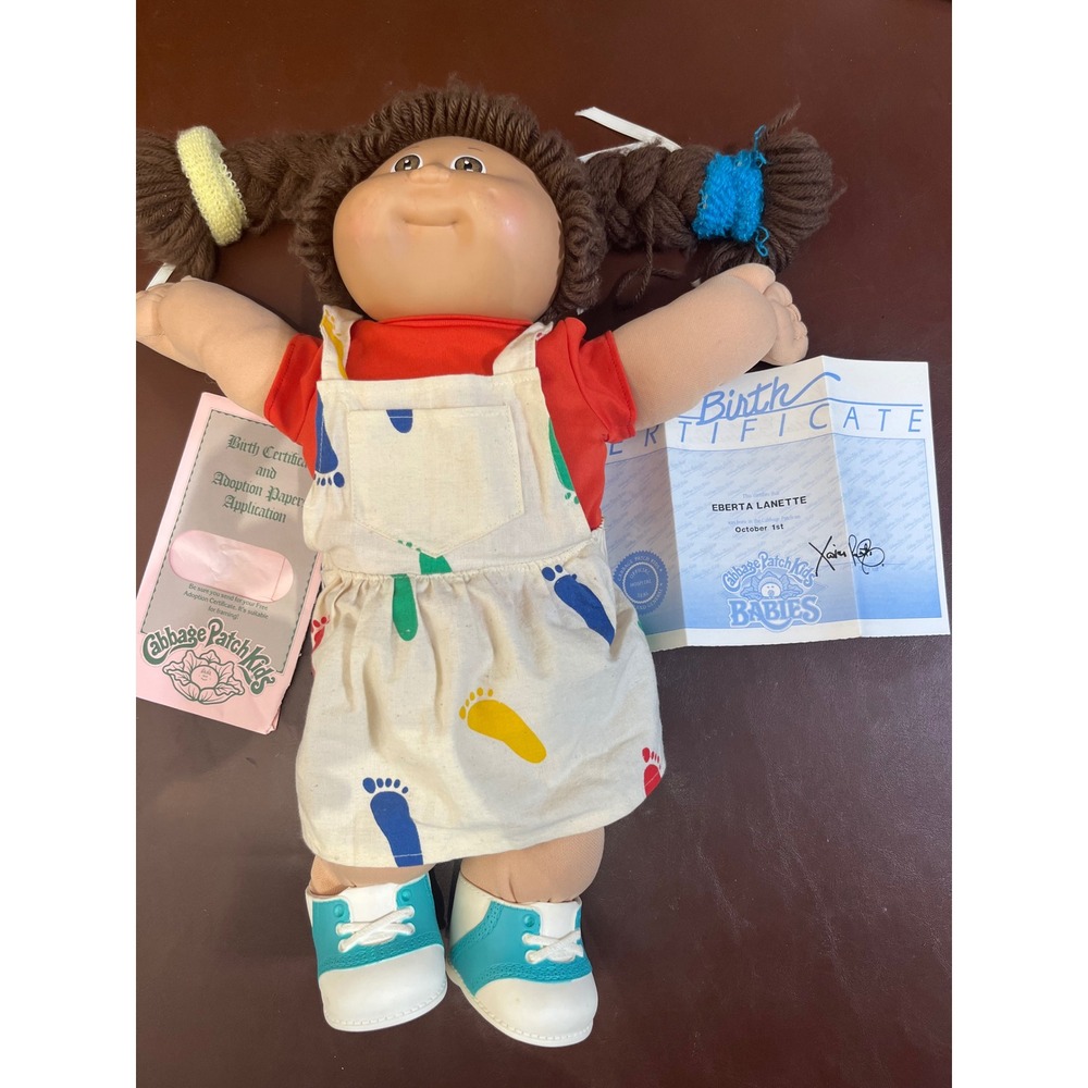 Cabbage Patch Kids Doll Eberta Lanette Brown Hair Footprint Dress Birth Cert